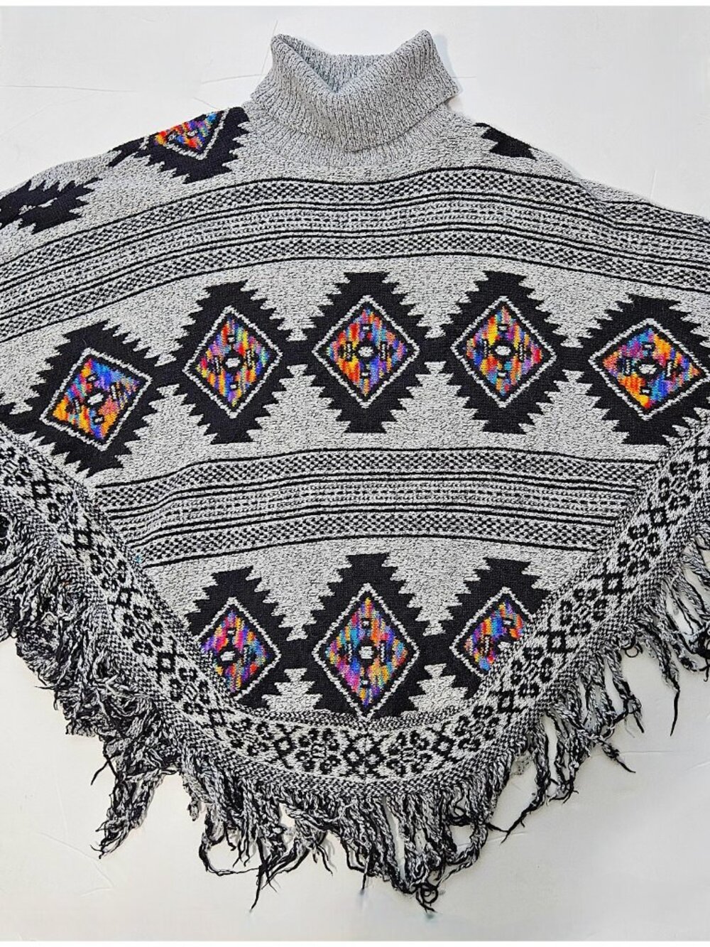 Gray Black Turtleneck Poncho Aztec Inspired Diamond Fringe One Size Acrylic